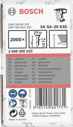 Bosch pocinkani žeblji 63 mm, paket 2000 kosov.